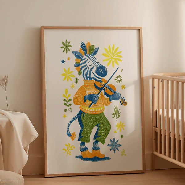 Zebra Playing Violin Poster multicolored wall art for modern nursery decor