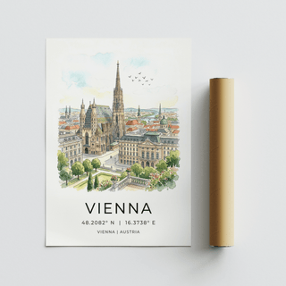 Landscape scene detail of Vienna skyline art print with terrace balustrade and trees