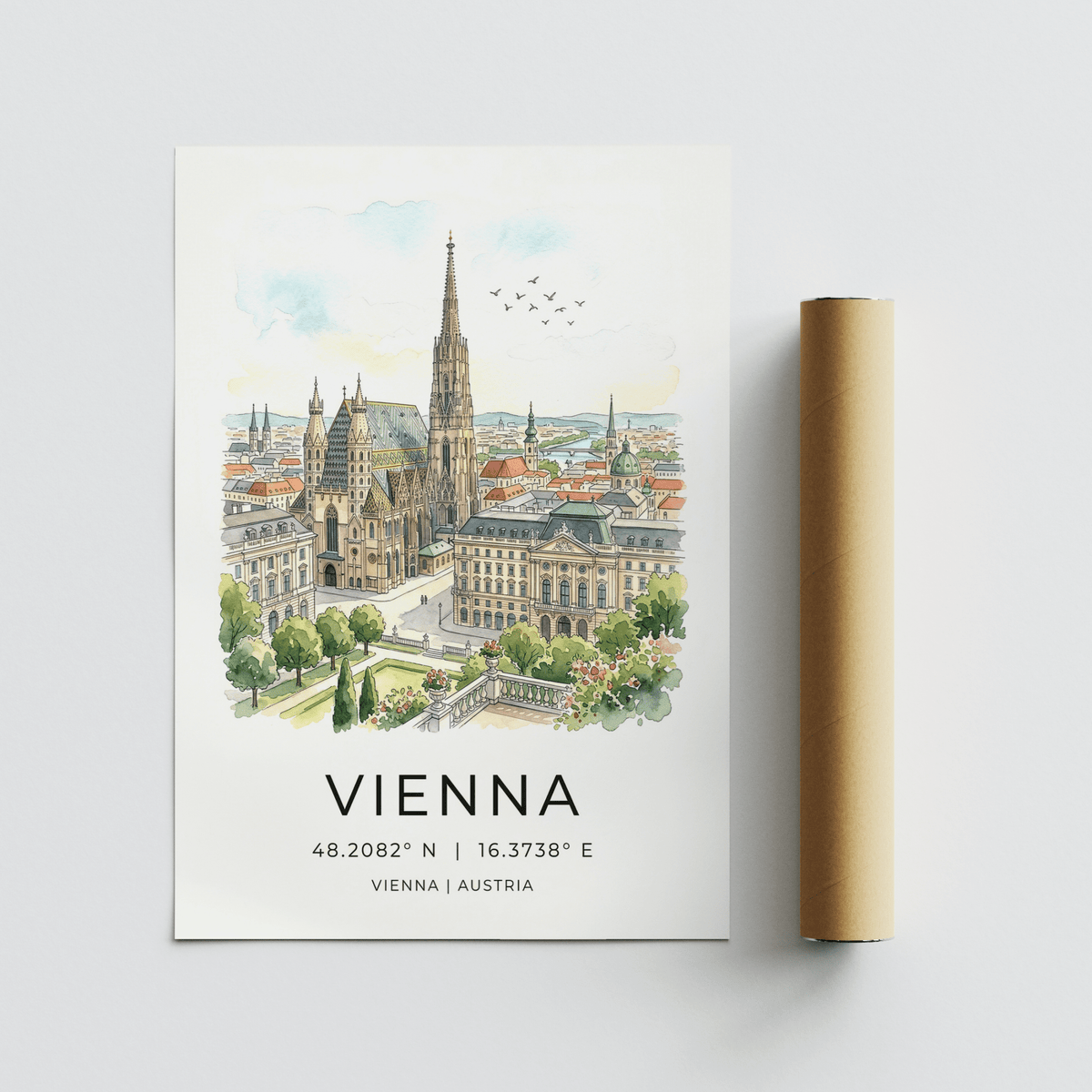 Landscape scene detail of Vienna skyline art print with terrace balustrade and trees