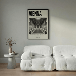Text detail reading “THE STAIR: MARBLE, ORDER, LIGHT” on Vienna Architecture Art Print poster