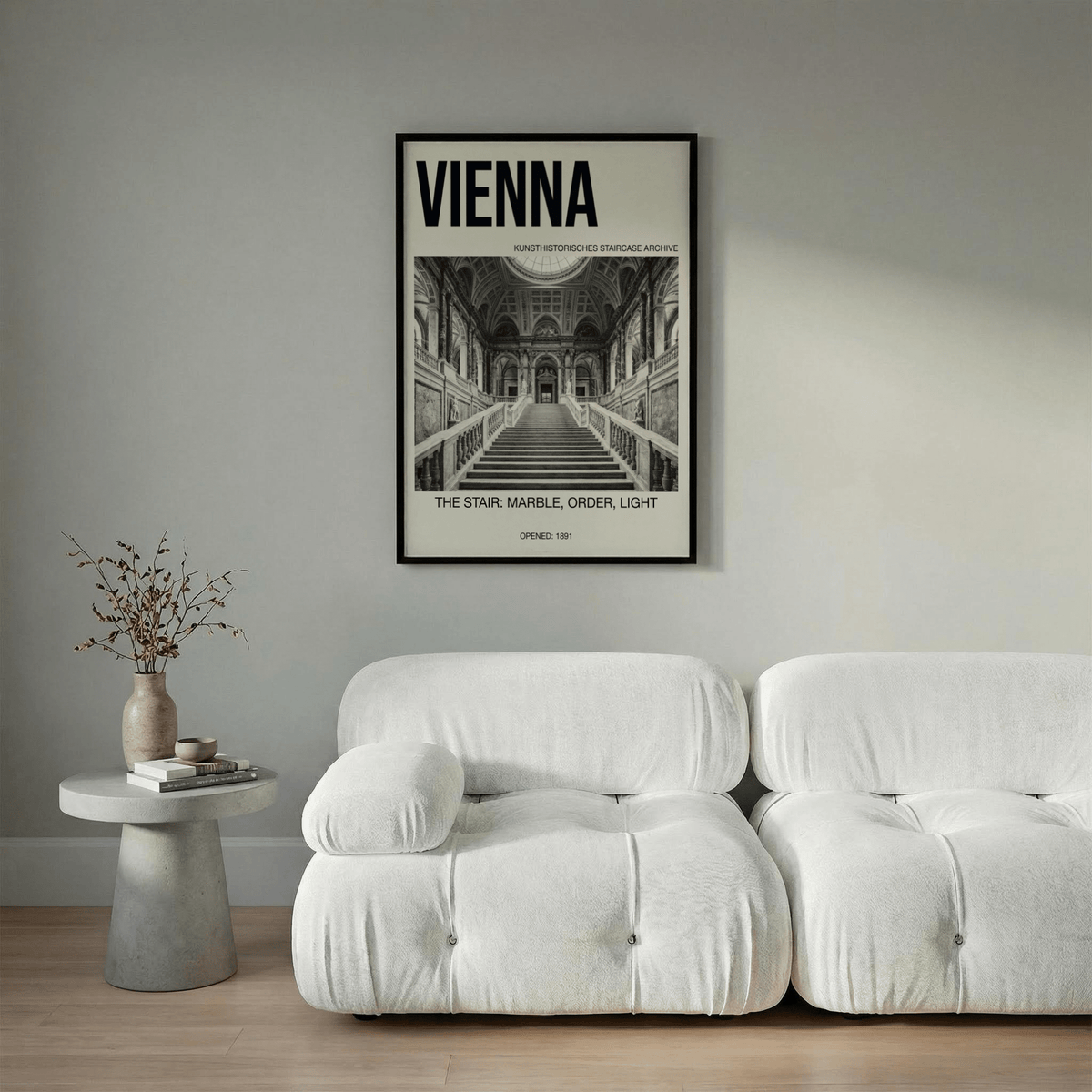 Text detail reading “THE STAIR: MARBLE, ORDER, LIGHT” on Vienna Architecture Art Print poster