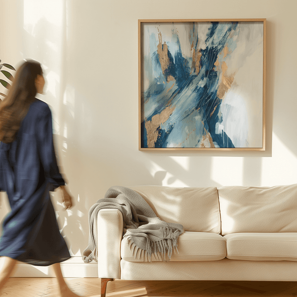 Elegant Blue Abstract Wall Art print, Blue and Gold colors for office decor