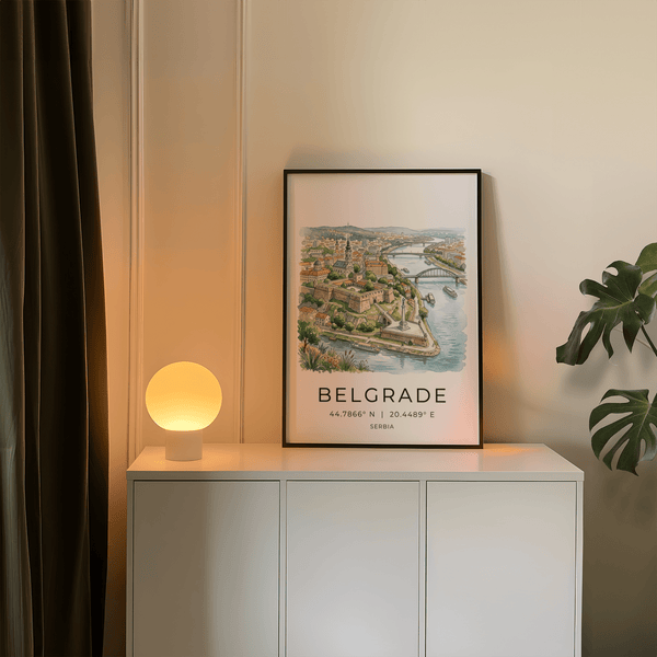 Panoramic Serbian city poster with stone walls, bridges, and river boats