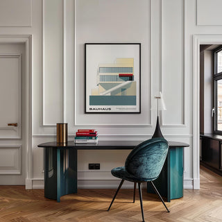 Geometric mid century modern art showing slanted walkway and window lines.