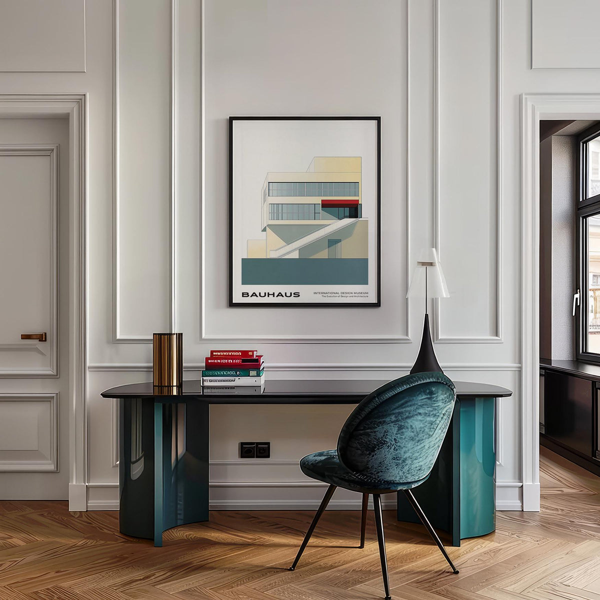 Geometric mid century modern art showing slanted walkway and window lines.