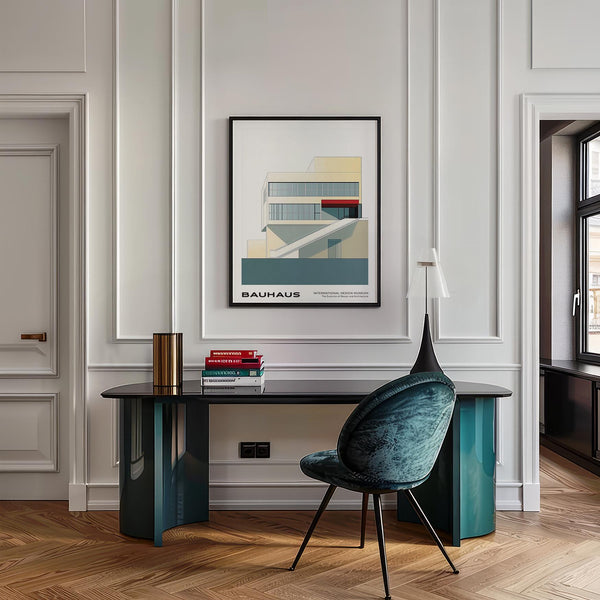 Geometric mid century modern art showing slanted walkway and window lines.