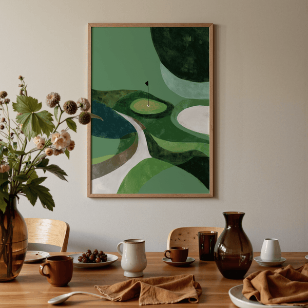 Minimalist Golf Poster featuring a flag on the green and simplified fairway curves