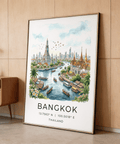 Panoramic Bangkok river scene wall art with ornate spires, palm trees, and birds