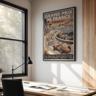 Classic Formula 1 poster with grandstands, winding road, and waterfront skyline