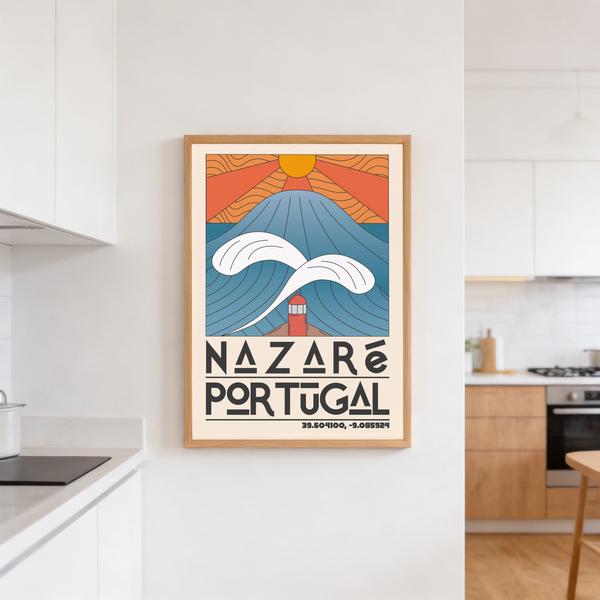 Illustrated ocean wave poster with radiating sun and small lighthouse foreground