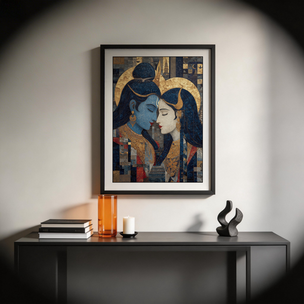 Textured Pic of Shiva and Parvati Wall Art poster featuring paired profiles, long hair, and decorative motifs