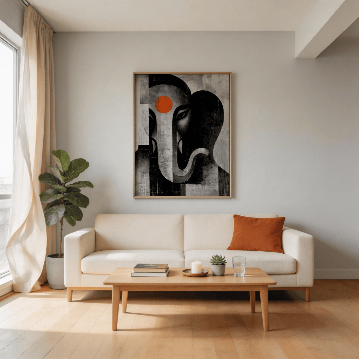 Textured abstract elephant deity wall art print with central trunk shape and layered geometric panels