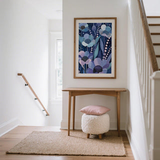 Modern Flower Art showing navy, lilac, and pale blue stylized flowers.