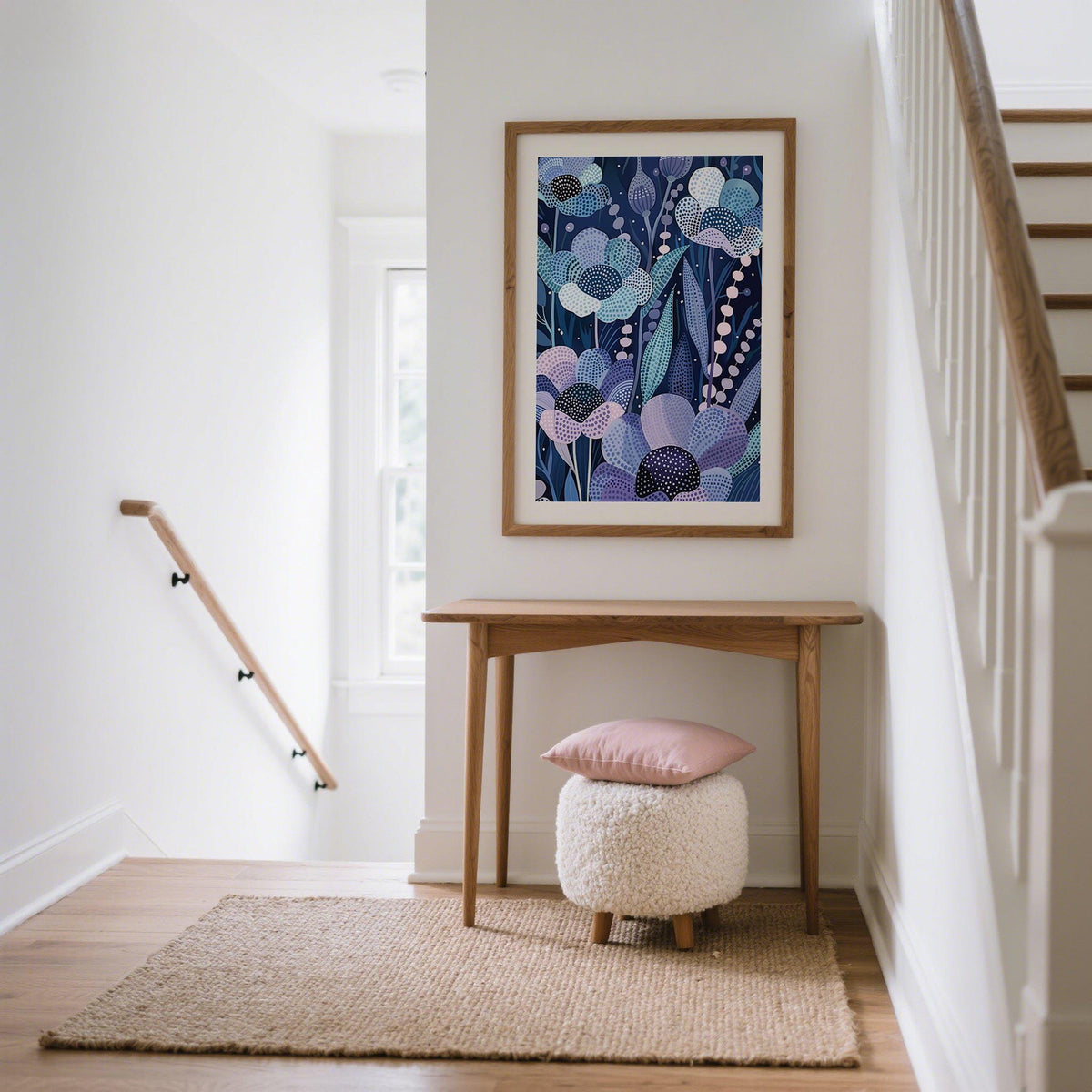 Modern Flower Art showing navy, lilac, and pale blue stylized flowers.