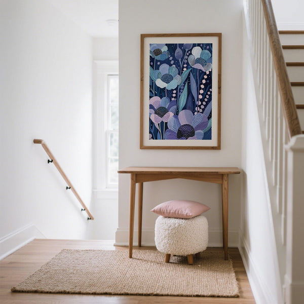 Modern Flower Art showing navy, lilac, and pale blue stylized flowers.