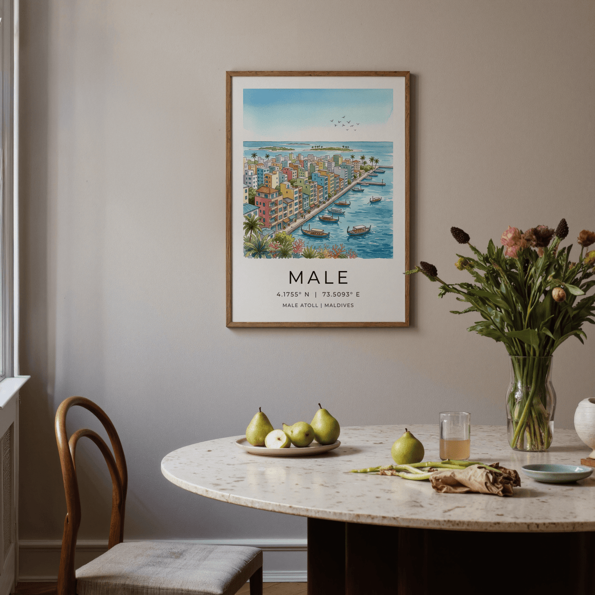 Harbor scene wall art print featuring Malé Atoll shoreline and anchored boats