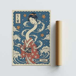 Detailed poster print of a long-neck spirit character with floating petals, clouds, and wave accents