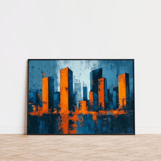 Blue and Orange Cityscape Wall Art poster for office settings