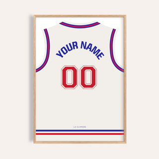 LA Clippers Basketball Jersey Poster hanging on a white wall with customizable name and 00 number