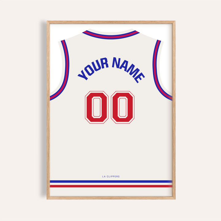 LA Clippers Basketball Jersey Poster hanging on a white wall with customizable name and 00 number