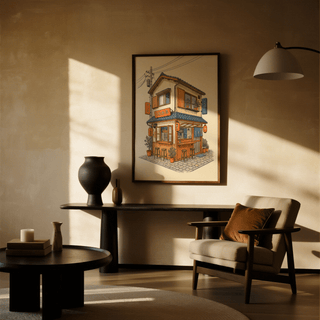 Japanese Restaurant Wall Art with urban scene, Orange, Blue, Beige for office decor
