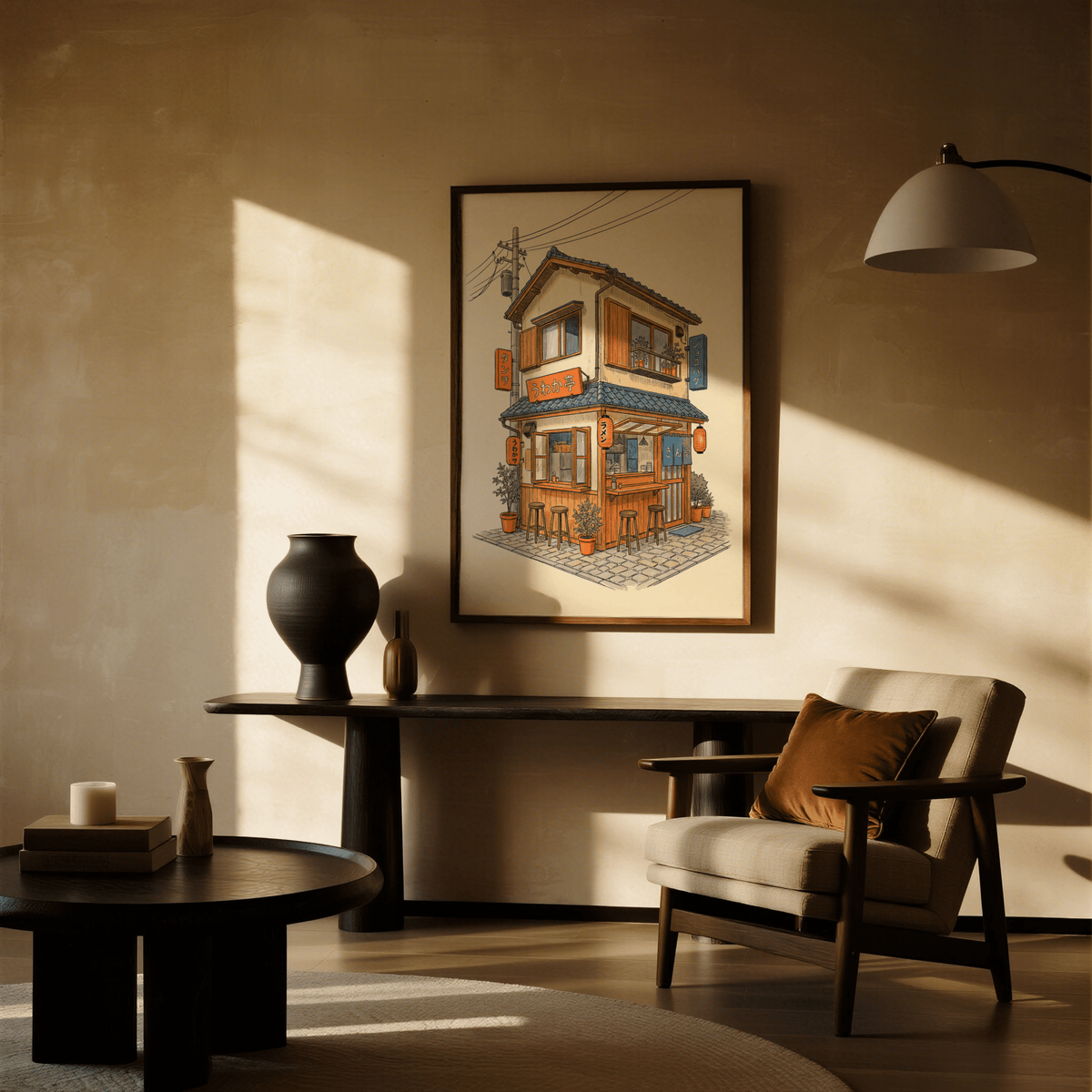 Japanese Restaurant Wall Art with urban scene, Orange, Blue, Beige for office decor
