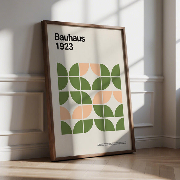 Mid century modern wall art with soft olive and blush geometric forms.