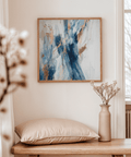 Abstract Blue Wall Art poster featuring blue brushstrokes and gold for lobby