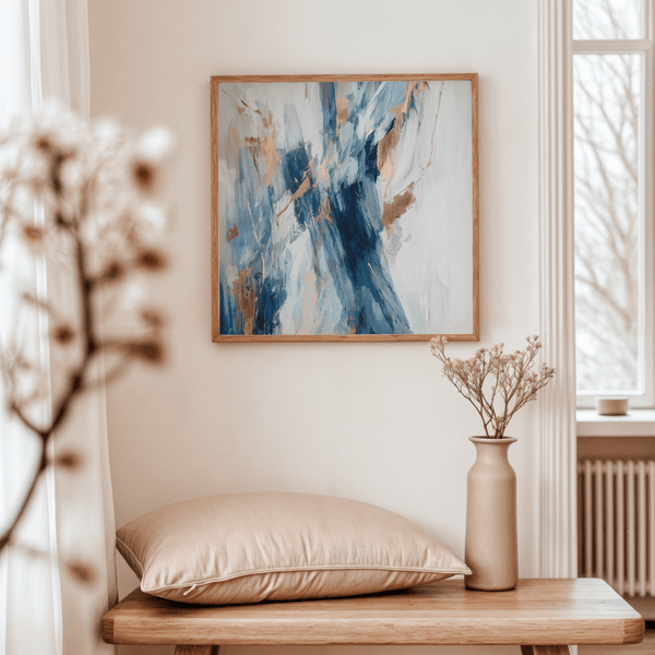 Abstract Blue Wall Art poster featuring blue brushstrokes and gold for lobby