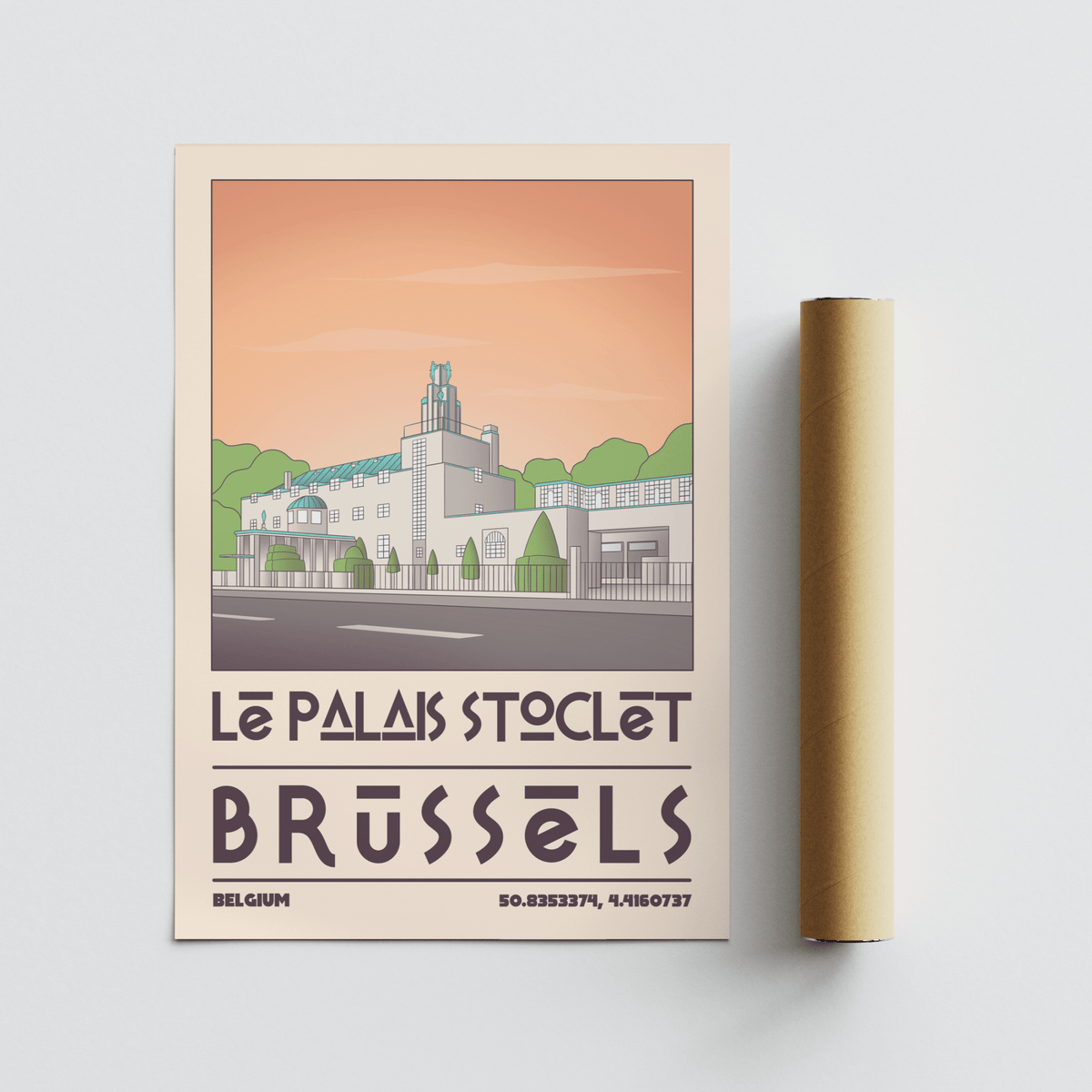 Art Deco Brussels Print displayed above sofa showing gated tower scene
