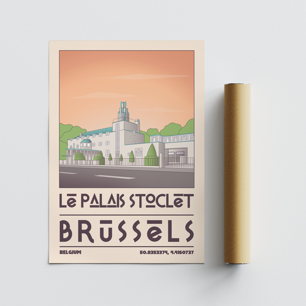 Art Deco Brussels Print displayed above sofa showing gated tower scene