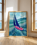 Sailboat Art Print with blue sails, pink hull for modern living room