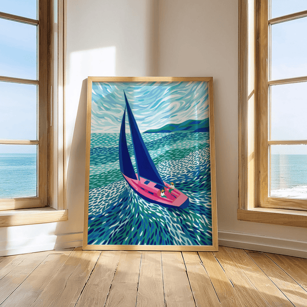 Sailboat Art Print with blue sails, pink hull for modern living room