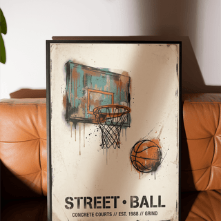 Distressed basketball hoop and ball wall art print with drips and grunge border