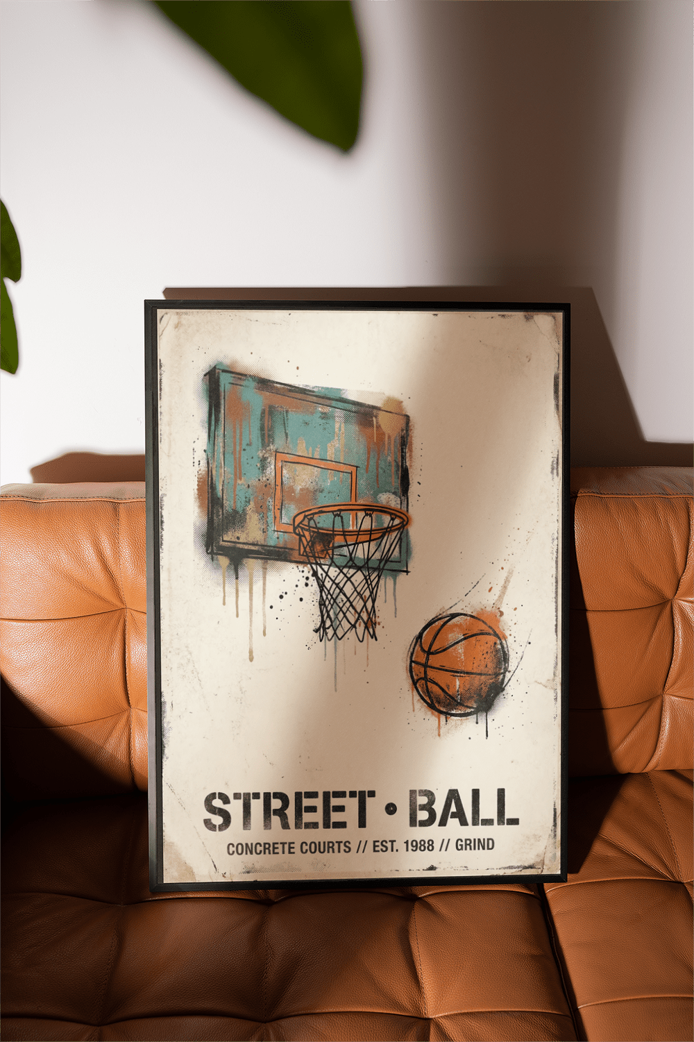 Distressed basketball hoop and ball wall art print with drips and grunge border