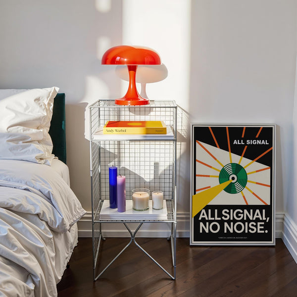 Vinyl record poster with green record and directional energy beams.