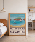 Retro destination poster print reading Isla Santa Clara San Sebastian Espana with boats on the water