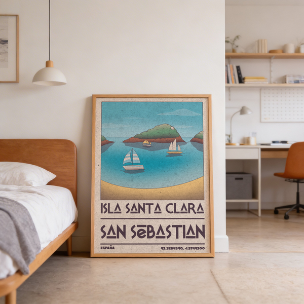 Retro destination poster print reading Isla Santa Clara San Sebastian Espana with boats on the water