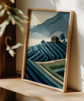 Rice Paddy Wall Art poster with terraced fields and small wooden house