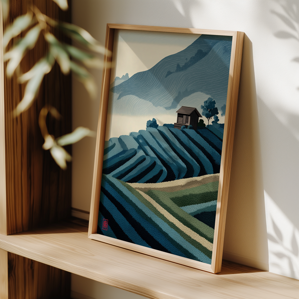 Rice Paddy Wall Art poster with terraced fields and small wooden house