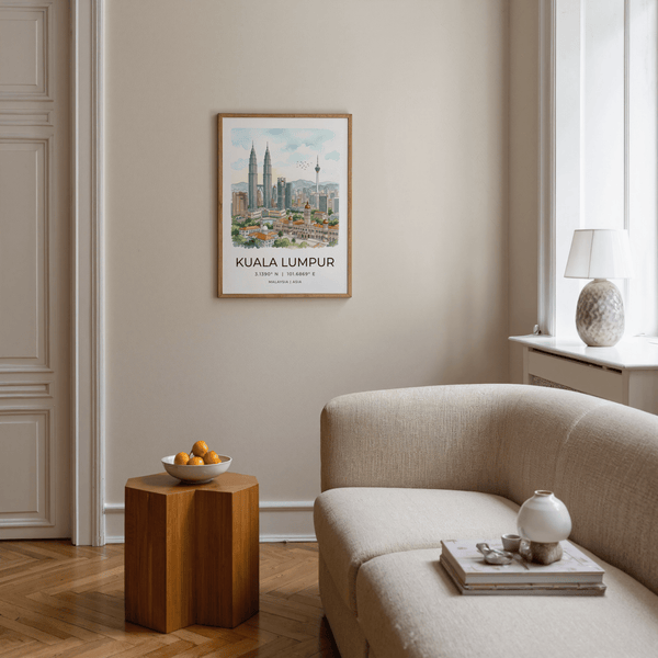Watercolor-style Kuala Lumpur skyline poster showing twin towers and city buildings
