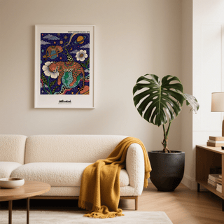 Illustrated Leopard Galaxy Art Print with spotted leopards on planet shapes and starry sky