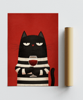 Cat Wine Art Print for bedroom accent, emphasizing Red and Black tones