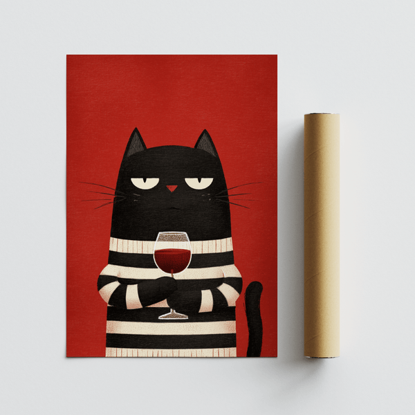 Cat Wine Art Print for bedroom accent, emphasizing Red and Black tones