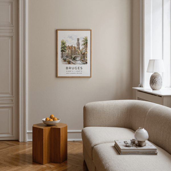 Bruges Canal Art Print showing stepped-gable houses, stone bridge, and calm water