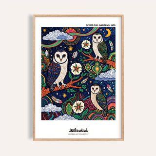 Spiritual Garden Poster print featuring three owls under a starry sky