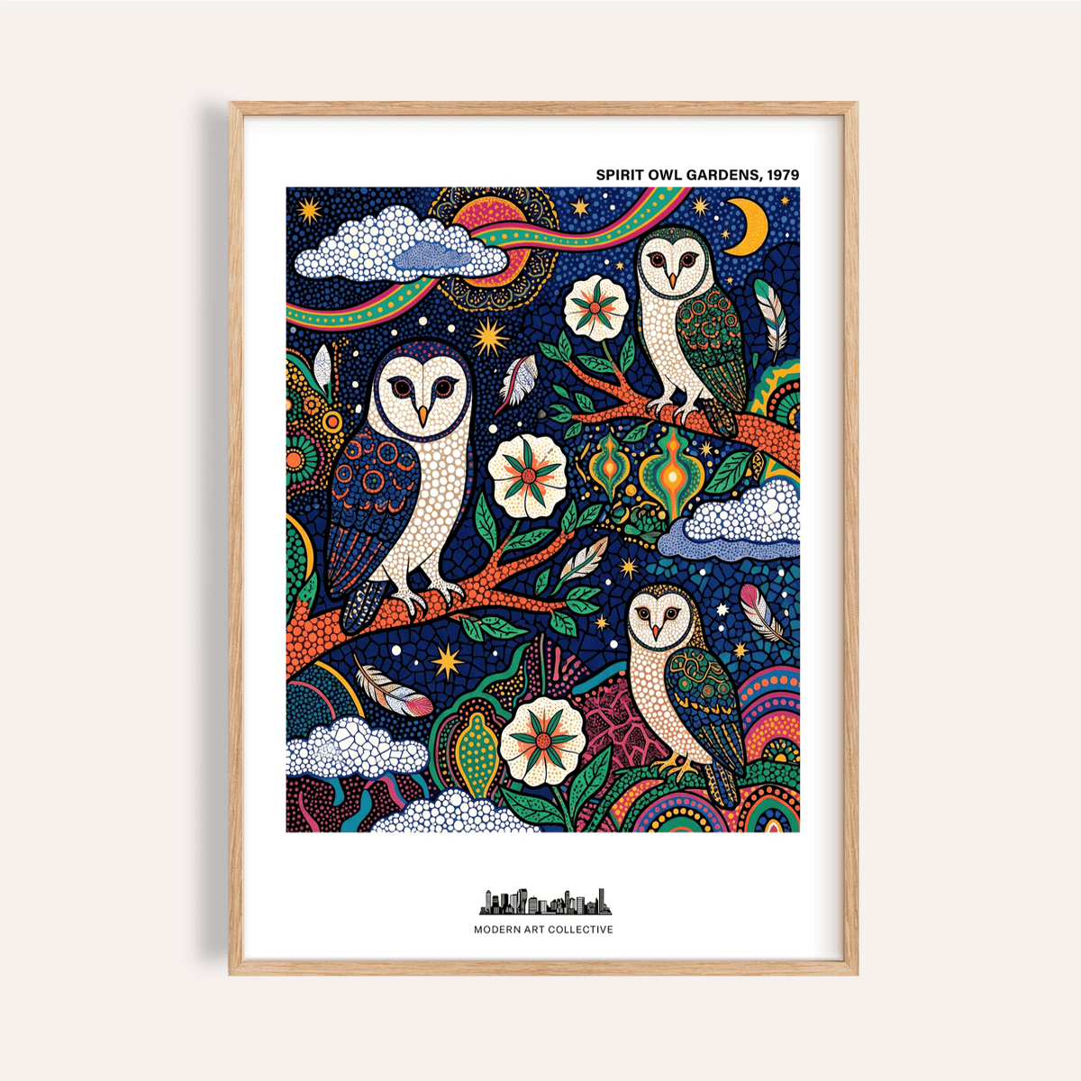 Spiritual Garden Poster print featuring three owls under a starry sky