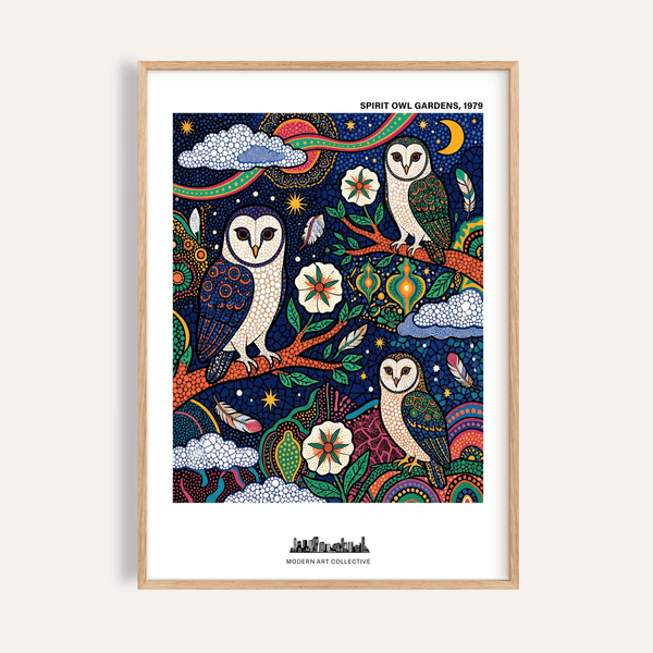Spiritual Garden Poster print featuring three owls under a starry sky