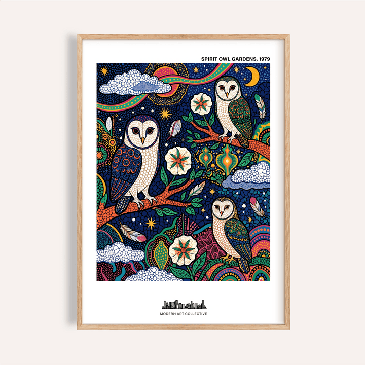 Spiritual Garden Poster print featuring three owls under a starry sky