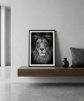 Monochrome lion portrait print with stark contrast and layered mane texture